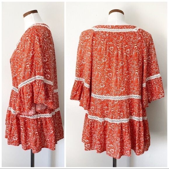 Free People Orange floral Talk About It Tunic Top NWOT size Small - Picture 5 of 8
